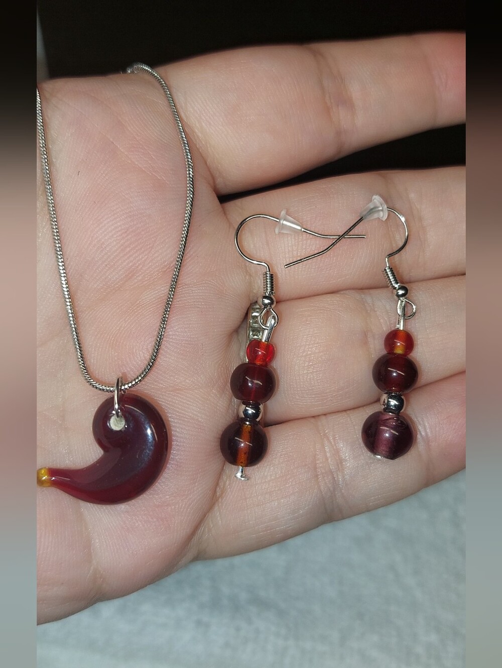 Handcrafted Red Glass Pendant Necklace with Matching Bead Earrings